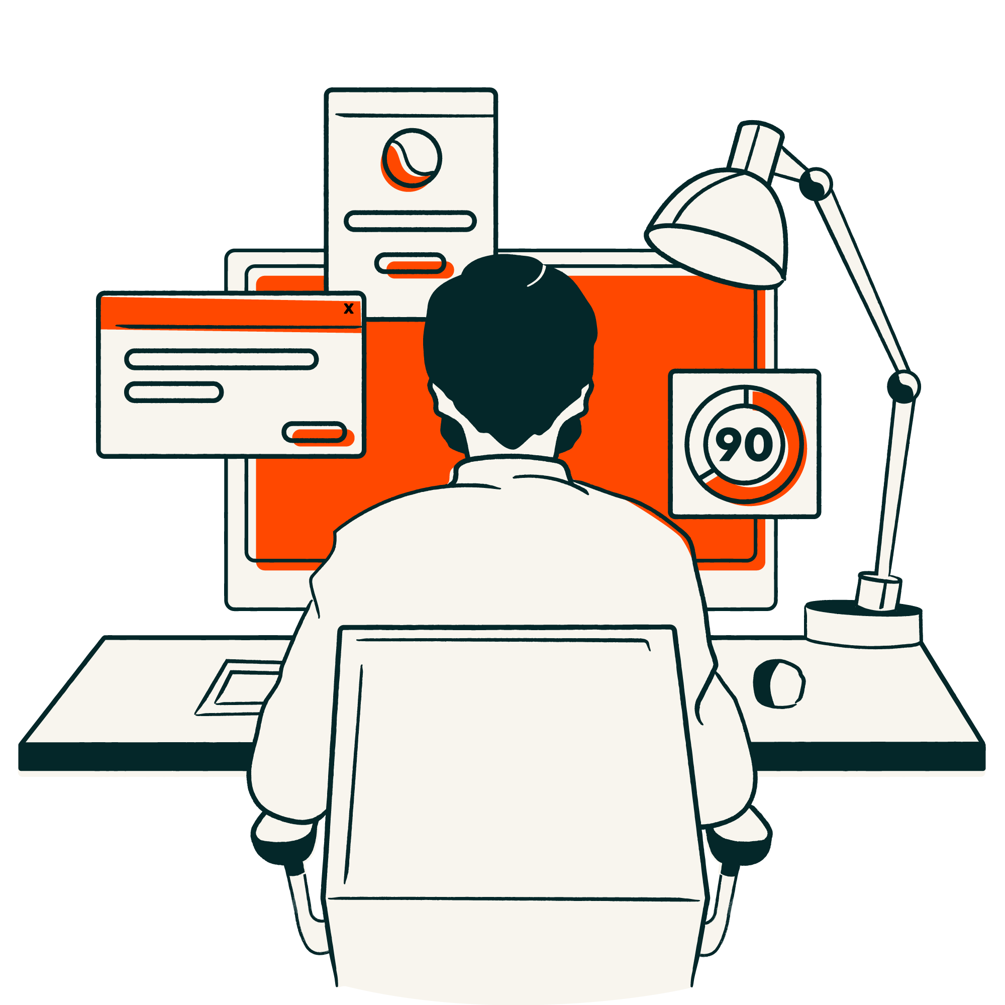 Illustration of person sitting in front of computer with application windows appearing in front of the screen 